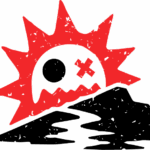 Sun with OX eyes and squiggly mouth rising above a shoreline.