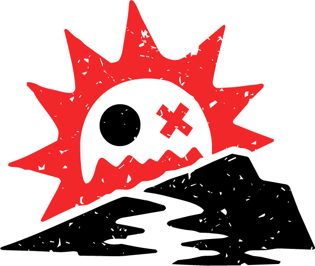 Sun with OX eyes and squiggly mouth rising above a shoreline.